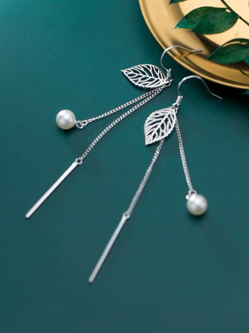Rosh 925 Sterling Silver Imitation Pearl Hollow Leaf Minimalist Threader Earring 2
