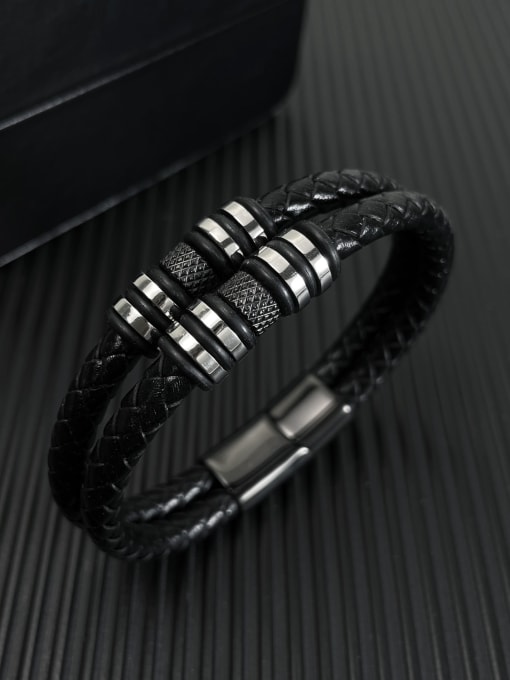 Open Sky Titanium Steel Artificial Leather Weave Hip Hop Strand Bracelet 1