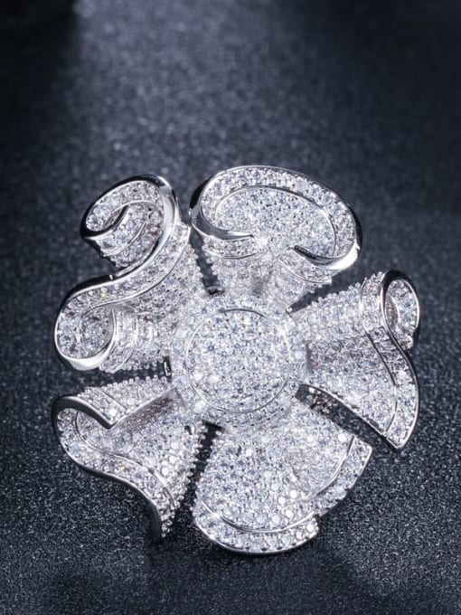 Platinum US 7 Brass Cubic Zirconia Flower Luxury Statement Ring