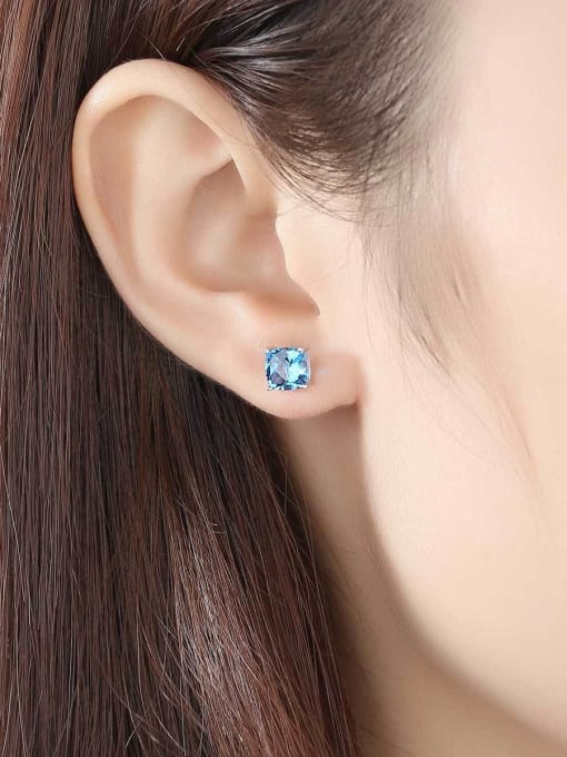 CCUI 925 Sterling Silver Cubic Zirconia Blue Square Luxury Stud Earring 1