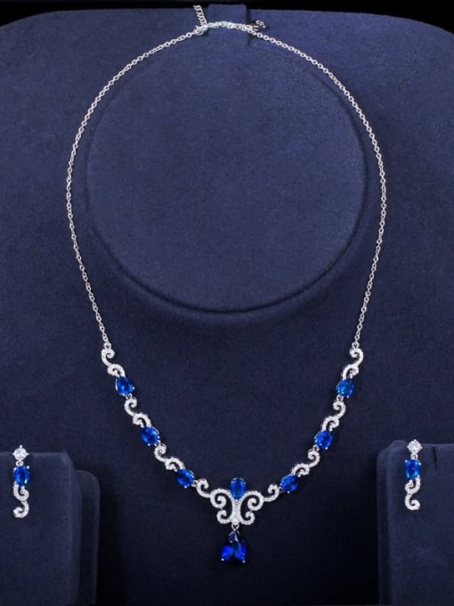 blue Copper Cubic Zirconia Luxury Flower Earring and Necklace Set