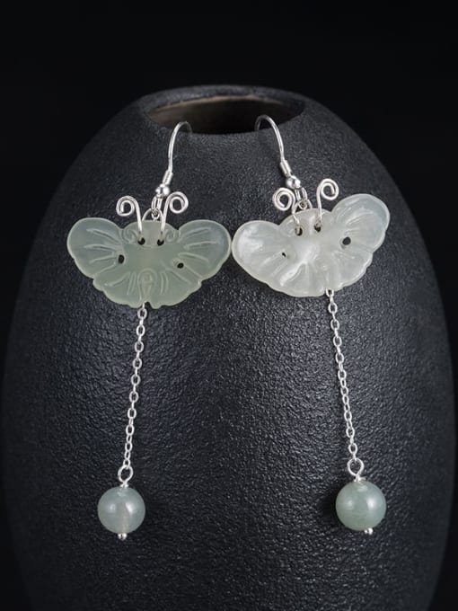 SILVER MI 925 Sterling Silver Jade Butterfly Vintage Hook Earring 2