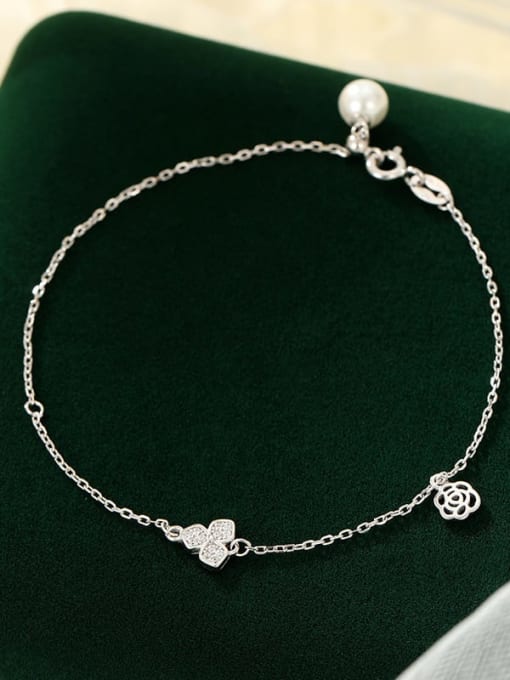 BRS364 【 Platinum 】 925 Sterling Silver Flower Minimalist Link Bracelet