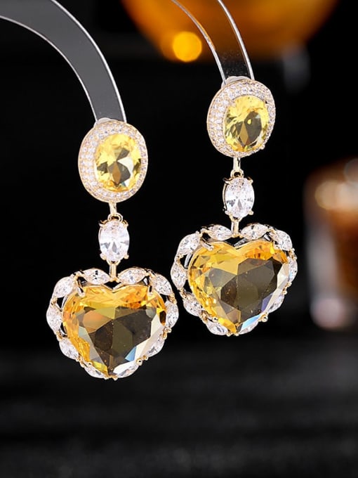 yellow Brass Cubic Zirconia Heart Luxury Cluster Earring