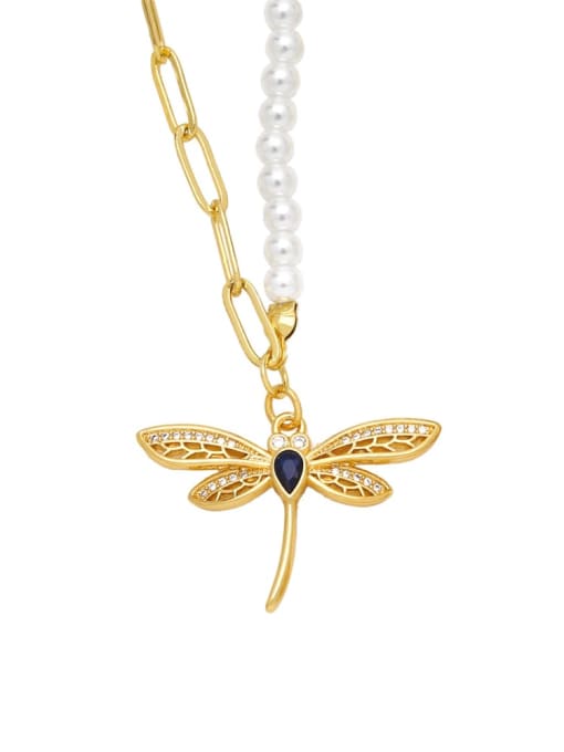CC Brass Imitation Pearl Dragonfly Hip Hop Necklace 0