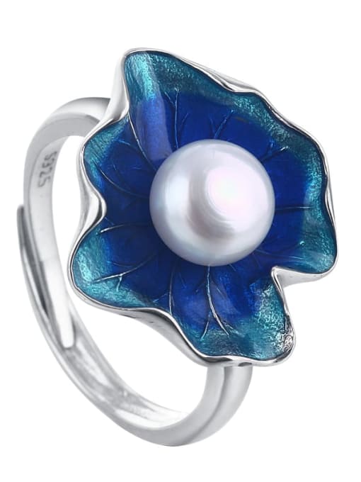 Dan 925 Sterling Silver Enamel Imitation Pearl Flower Minimalist Band Ring 3