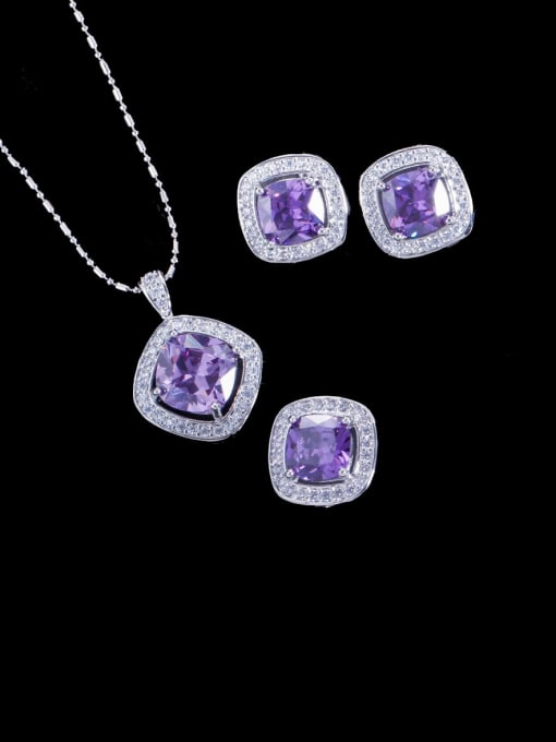 Purple Orchid  Size US 7 Brass Cubic Zirconia Minimalist Square Earring Ring and Necklace Set