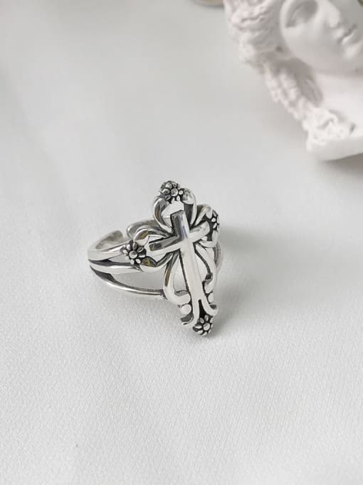 Boomer Cat 925 Sterling Silver Hollow  Cross Vintage Free Size Midi Ring 0