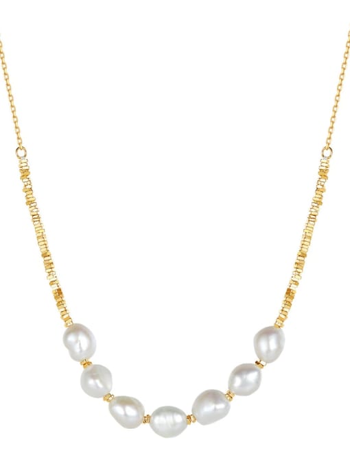 Pearl size approximately: 7 8mm, 925 Sterling Silver Imitation Pearl Geometric Minimalist Beaded Necklace
