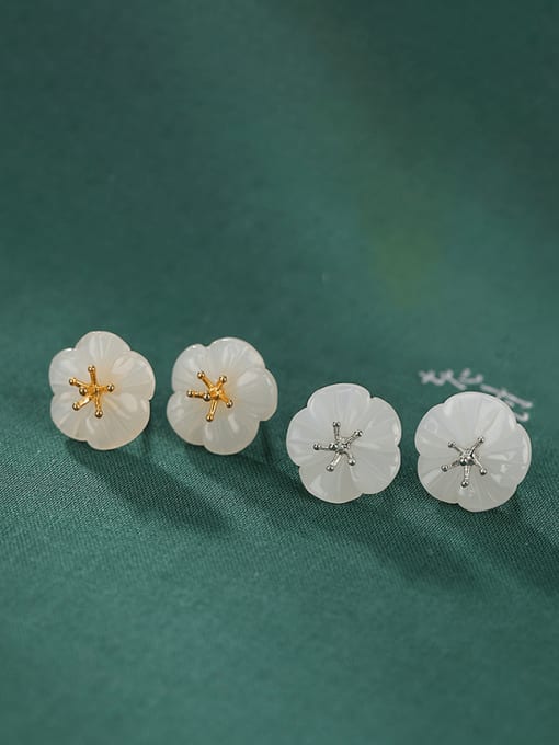 DEER 925 Sterling Silver Jade Flower Vintage Stud Earring 0