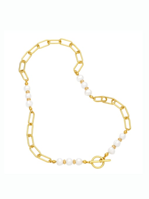CC Brass Imitation Pearl Geometric Hip Hop Hollow Chain Necklace 0
