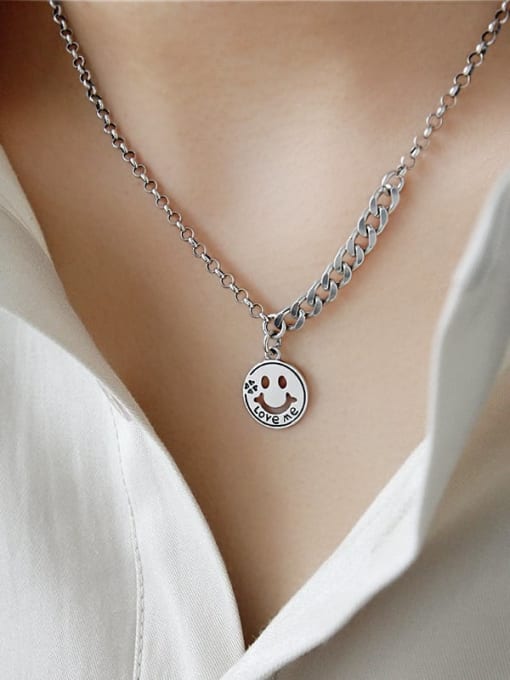DAKA 925 Sterling Silver Geometric chain  Vintage Smiley Pendant Necklace 1