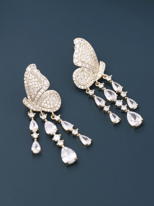 Golden +White Brass Cubic Zirconia Butterfly Ethnic Drop Earring