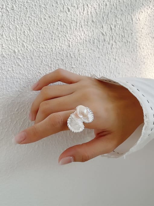 Boomer Cat 925 Sterling Silver Imitation Pearl Flower Vintage Band Ring 1