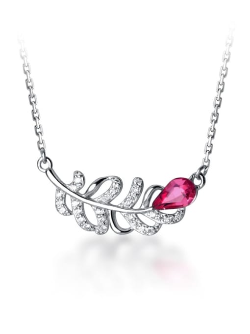 Rosh 925 Sterling Silver Pink Cubic Zirconia Feather pendant Necklace 2
