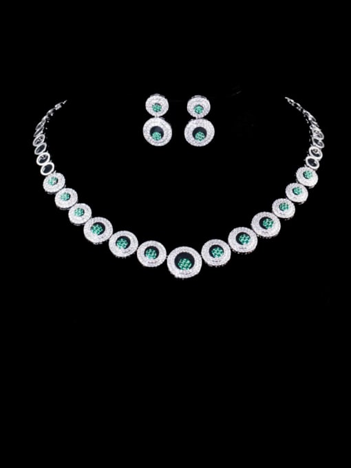green Brass Cubic Zirconia Luxury Round  Earring and Necklace Set