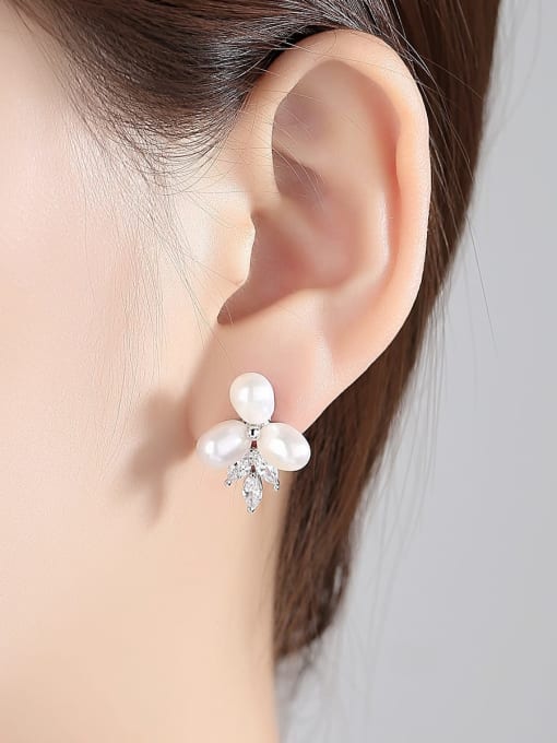 BLING SU Copper Dainty  Freshwater Pearl Flower Stud Earring 1