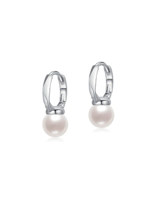 MODN 925 Sterling Silver Imitation Pearl Geometric Minimalist Huggie Earring 0
