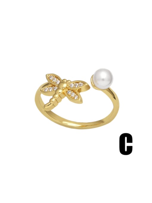 C Brass Imitation Pearl Dragonfly Vintage Band Ring