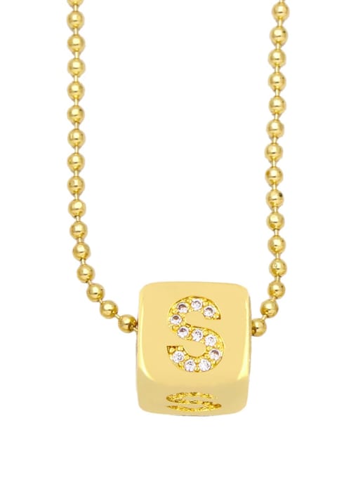 S Brass Cubic Zirconia Letter Vintage square Pendant Necklace