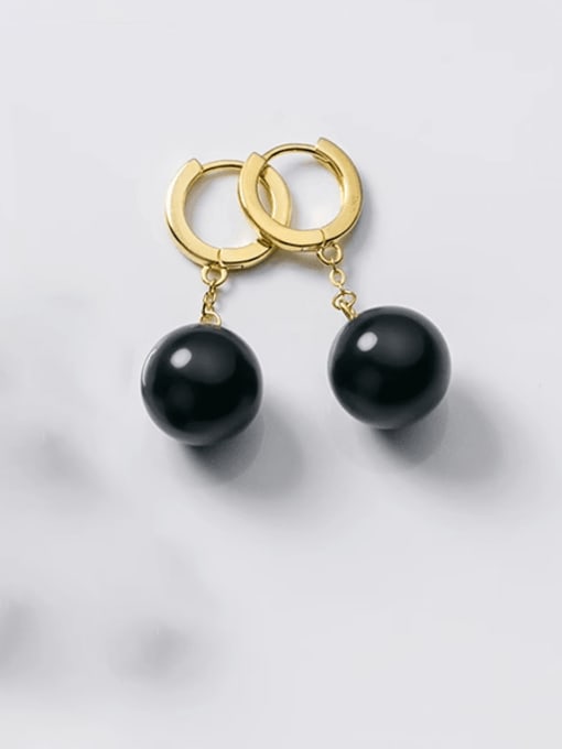 Black Pearl Gold Style 925 Sterling Silver Natural Stone Ball Minimalist Huggie Earring