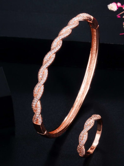 Rose Gold 7 Copper Cubic Zirconia Luxury Round  Ring and Bangle Set