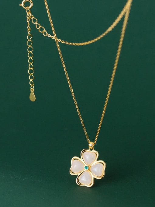 Gold 925 Sterling Silver Cats Eye Clover Minimalist Necklace