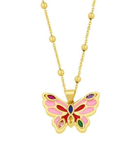 B Pink Brass Enamel Butterfly Vintage Necklace