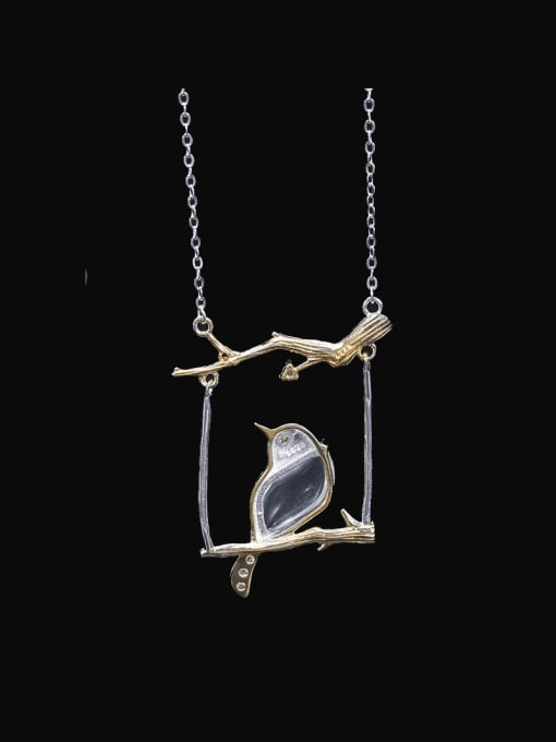 SILVER MI 925 Sterling Silver Lampwork Stone Bird Vintage Necklace 1