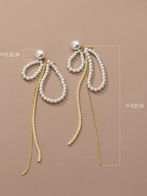 Rosh 925 Sterling Silver Imitation Pearl Bowknot Tassel Minimalist Drop Earring 4