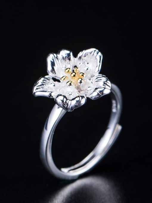 Colored Pear Blossom Open Ring 925 Sterling Silver Flower Vintage Band Ring