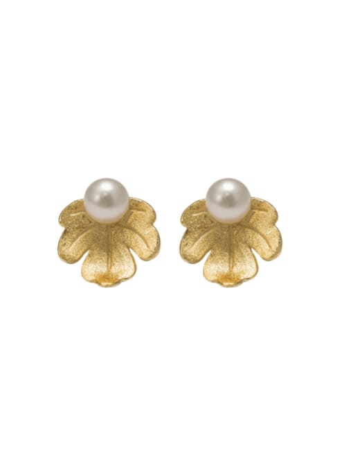 SILVER MI 925 Sterling Silver Imitation Pearl Flower Vintage Stud Earring