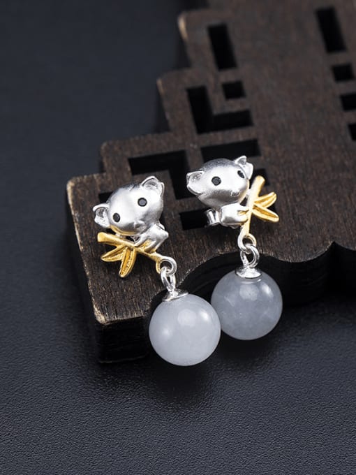 Bamboo Panda Earrings 925 Sterling Silver Cubic Zirconia Bear Vintage Drop Earring