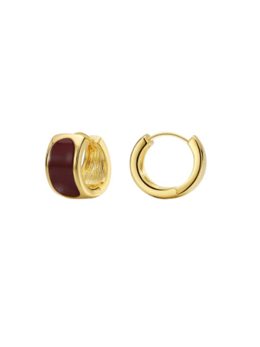 Gold Wine Red Oil Dropping Earrings Brass Enamel Geometric Minimalist Huggie Earring