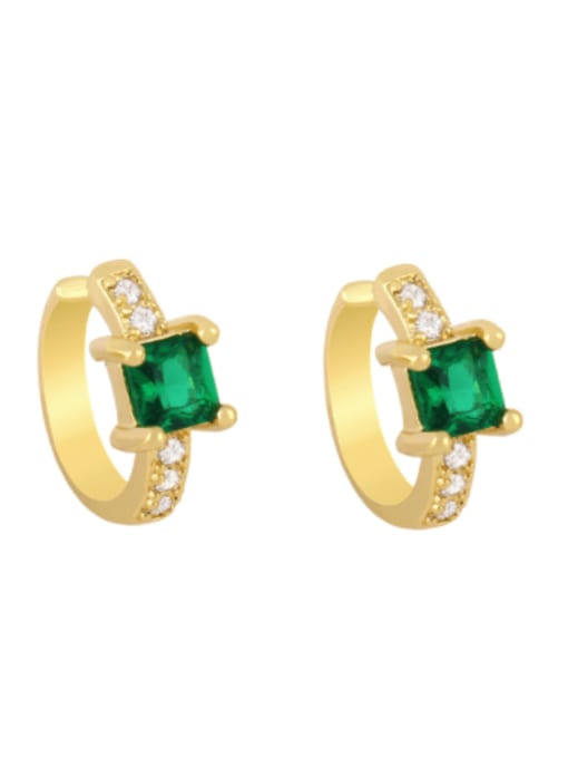 green Brass Glass Stone Geometric Minimalist Huggie Earring