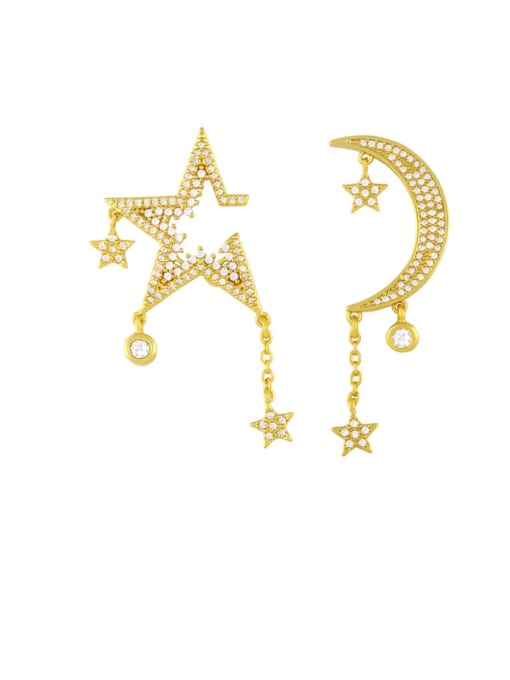 CC Brass Cubic Zirconia Asymmetry Star Moon Vintage Stud Earring