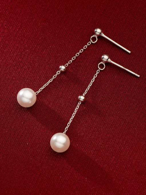 Silver 925 Sterling Silver Imitation Pearl Tassel Minimalist Threader Earring