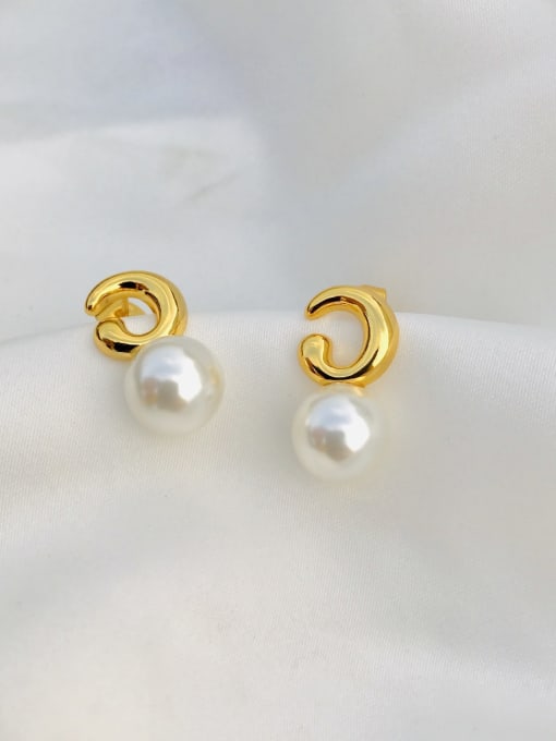 LI MUMU Copper Imitation Pearl White Round Minimalist Stud Earring 0