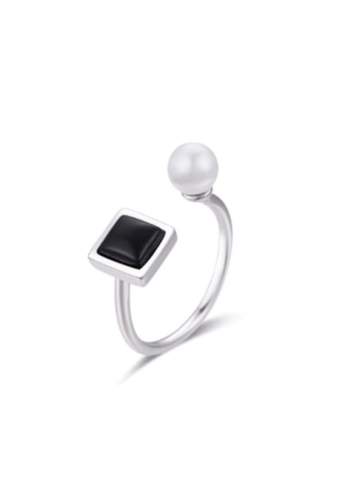 Boomer Cat Sterling silver synthetic pearl black agate ring 0