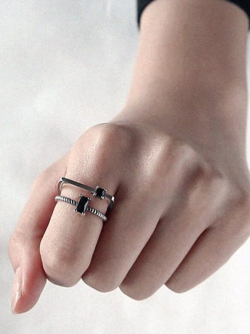 Boomer Cat 925 Sterling Silver Cubic Zirconia Black Square Vintage  Free Size Midi Ring 1