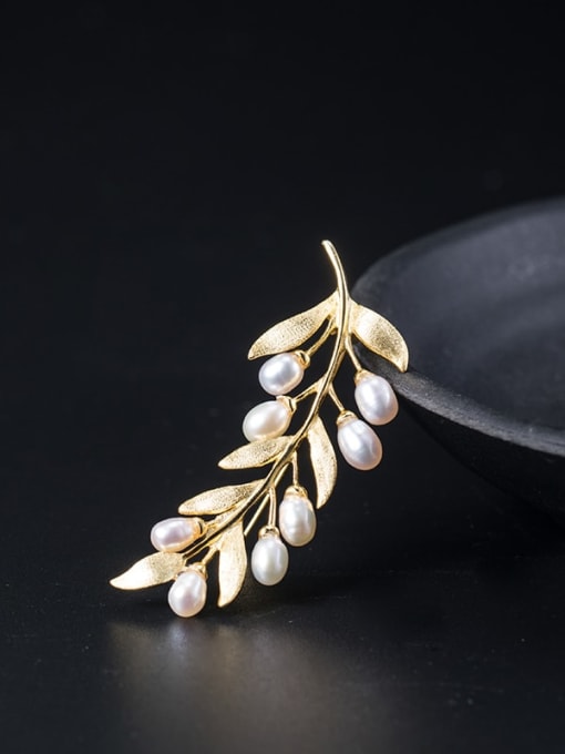 Golden olive branch 925 Sterling Silver Imitation Pearl Leaf Vintage Brooch