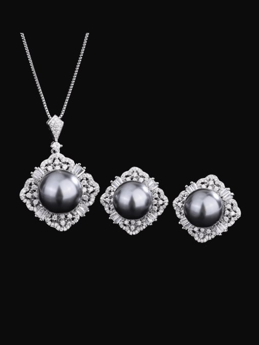 ROSS Brass Imitation Pearl Luxury Square  Earring and Pendant Set 0