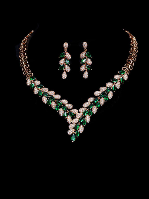 green Brass Cubic Zirconia Luxury Leaf  Earring and Necklace Set