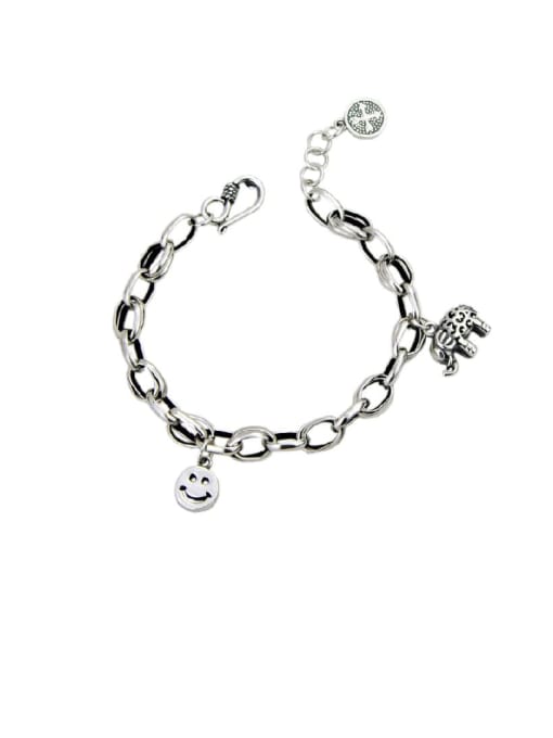 SHUI Vintage Sterling Silver With Simple Retro Hollow Chain Smiley Bracelets