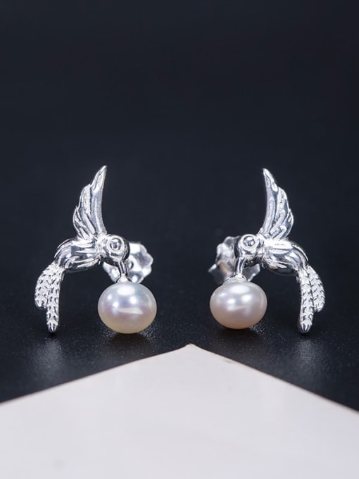 SILVER MI 925 Sterling Silver Imitation Pearl  Vintage Hummingbird Stud Earring 0