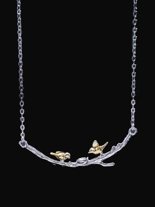 SILVER MI 925 Sterling Silver Minimalist Branch Bird  Pendant  Necklace