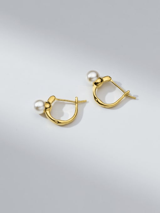 gold 925 Sterling Silver Imitation Pearl Geometric Minimalist Huggie Earring