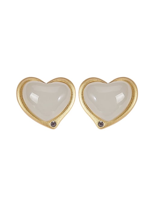 DEER 925 Sterling Silver Jade Heart Vintage Stud Earring 3