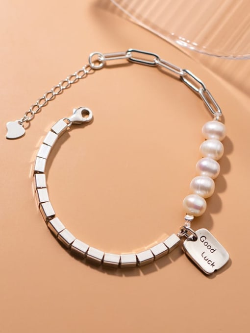 Rosh 925 Sterling Silver Imitation Pearl Square Minimalist Beaded Bracelet 1
