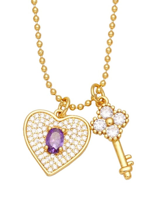 purple Brass Cubic Zirconia Key Vintage Necklace